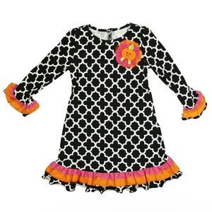 EmilyRose detail black & white print dress w/pink rose & orange/pink trimmings
